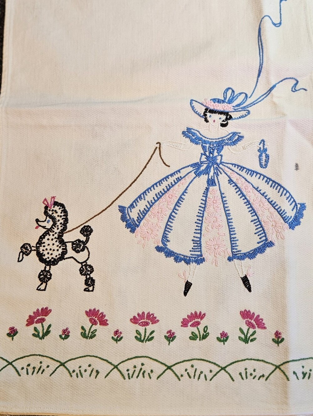 Vintage Embroidered Table Runner Poodle Lady Walk Dog MCM Mid Century